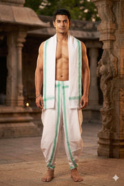 White Dhoti Dupatta with Green Border