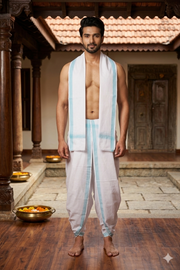White Dhoti Dupatta with Blue Border