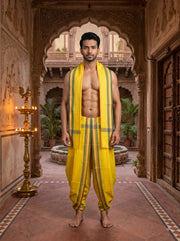 Yellow Dhoti Dupatta with White, Orange and Green Border