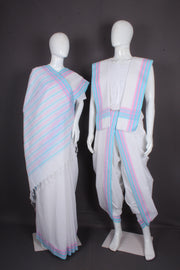 White Aahar Joda with Sky Blue and Pink Border