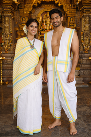 Traditional Handloom Joda Set in White with Yellow, Sky Blue Border