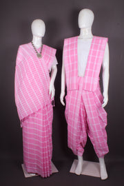 Traditional Handloom Joda Set in Pink with Check and White Striped Border