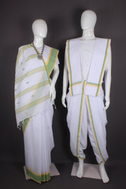 Traditional Handloom Joda Set in White with Green Lemon Yellow Border