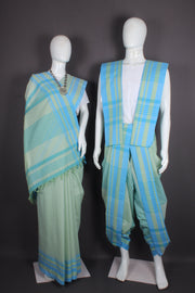 Traditional Handloom Joda Set in Sage Green with Blue Border