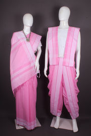 Traditional Handloom Joda Set in Pink with White Border