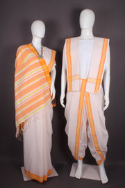Traditional Handloom Joda Set in Off White Striped with Orange Border