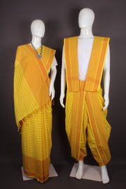Traditional Handloom Joda Set in Yellow with Check and Red Border