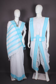 Traditional Handloom Joda Set in White with Sky Blue Border