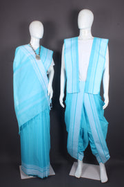 Traditional Handloom Joda Set in Sky Blue with White Border