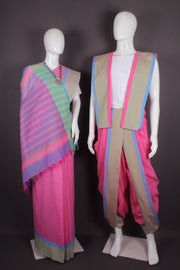 Traditional Handloom Joda Set in Rani Pink with Brown Border
