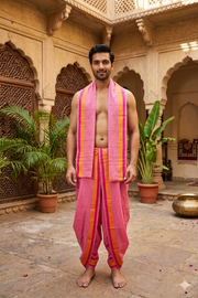 Pink Dhoti Dupatta with Yellow and Magenta Linings and Border