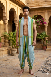 White and Green Striped Dhoti Dupatta with Yellow Border