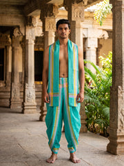 Green Dhoti Dupatta with White, Yellow and Pink Border
