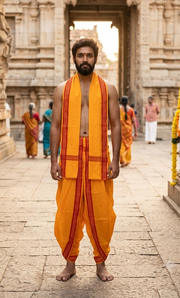 Yellow Dhoti Dupatta with Red Border