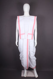 White Stitched Dhoti Dupatta with Pink Border
