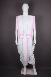 White Stitched Dhoti Dupatta with Pink Border