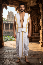 White Stitched Dhoti Dupatta with Brown Border