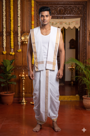 White Stitched Dhoti Dupatta with Brown Border