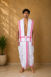 White Stitched Dhoti Dupatta with Pink Border