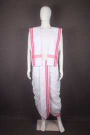 White Stitched Dhoti Dupatta with Pink Border