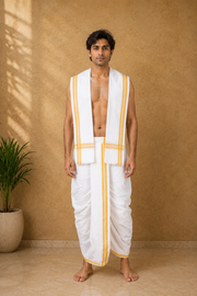 White Stitched Dhoti Dupatta with Yellow Border