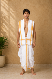 White Stitched Dhoti Dupatta with Yellow Border