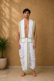 White Stitched Dhoti Dupatta with Green Border