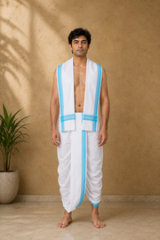 White Stitched Dhoti Dupatta with Sky Blue Border