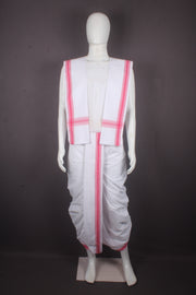 White Stitched Dhoti Dupatta with Pink Border