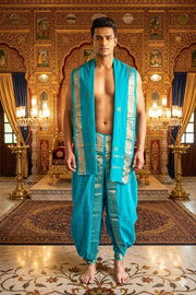 Cyan Dhoti Dupatta with Golden Zari Border and Butis