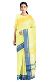 Yellow Saree with White Stripes and Blue, Pineapple Yellow Border
