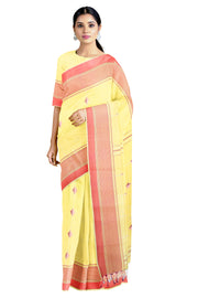 Yellow Saree with Butis and Cerise Pink Border