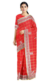 Cherry Red Hand Embroidered Zardozi Saree with Yellow Checks and Border