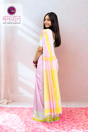 Pure Cotton Handloom Saree with Pastel Stripes & Running Blouse Piece - Pink & Yellow