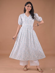 Off White and Blue Printed Gathered Dress