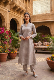 Grey and White Plus Patterned Printed Gathered Kurti