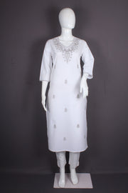 White Hand Embroidered Long Kurti