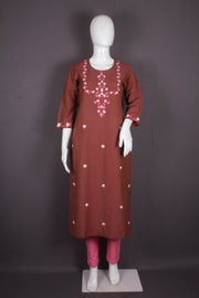 Maroon Green Hand Embroidered Long Kurti