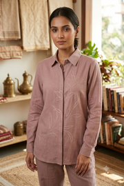 Women's Dusty Mauve Hand Embroidered Cotton Shirt