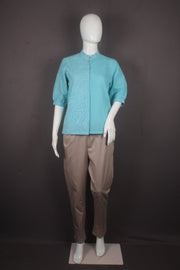 Women's Aqua Blue Embroidered Mandarin Collar Shirt with Elbow Puff Sleeves