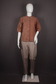 Women's Rust Brown Embroidered Mandarin Collar Shirt with Elbow Puff Sleeves
