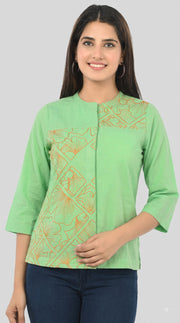 Women's Green Hand Embroidered Cotton Shirt