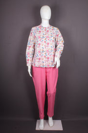 Women's Handblock Printed Floral Mandarin Collar Cotton Shirt
