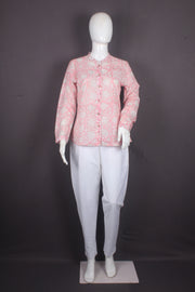 Women's Handblock Printed Pink and White Floral Mandarin Collar Cotton Shirt
