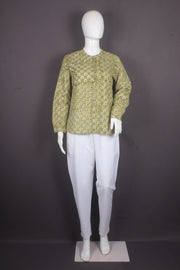 Women's Handblock Printed Olive Green Floral Mandarin Collar Cotton Shirt