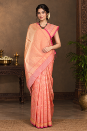 Pastel Red Sona Rupa Jacquard Banarasi Saree with Magenta Border