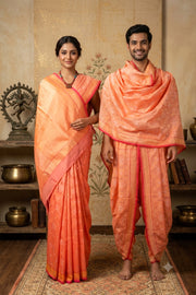 Melon Orange, Silver and Golden Zari Jacquard Banarasi Couple Set with Red Border