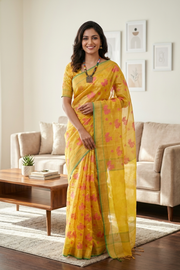 Yellow Cholfi Ektara Cotton Tilfi Zari Cut Work Banarasi Saree