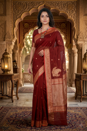Chocolate Cosmos Red Koniya Bel Buti Banarasi Saree
