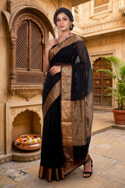 Black Cotton Malmal Sona Rupa Buti Banarasi Saree